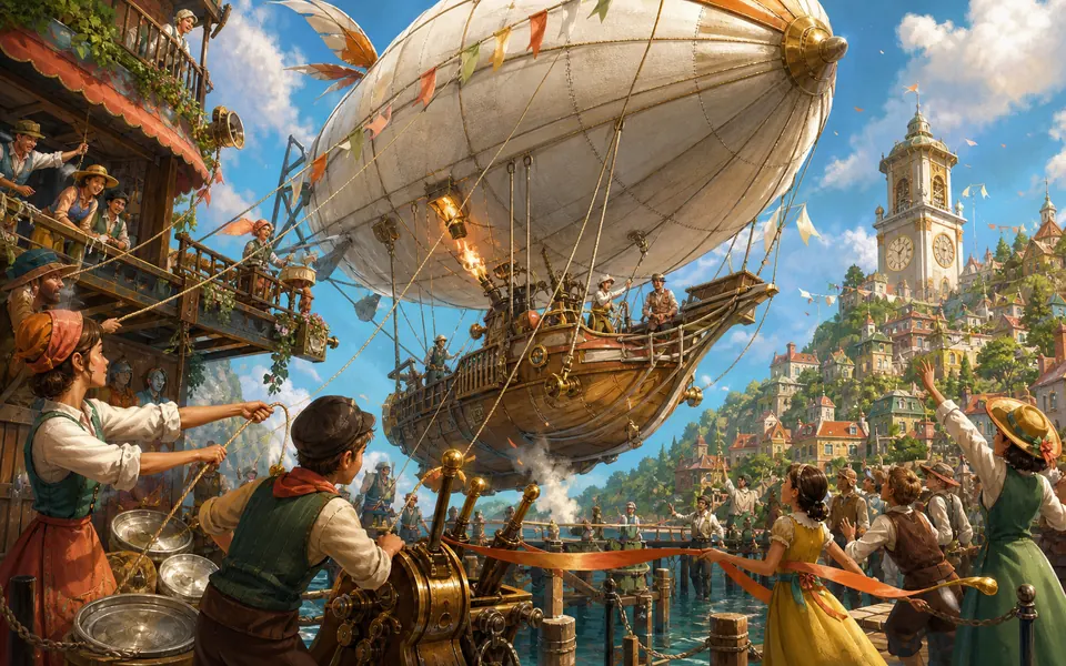 A hill town coordinates ropes, signals, mechanisms, and a ceremonial ribbon as a brass-and-canvas airship lifts.