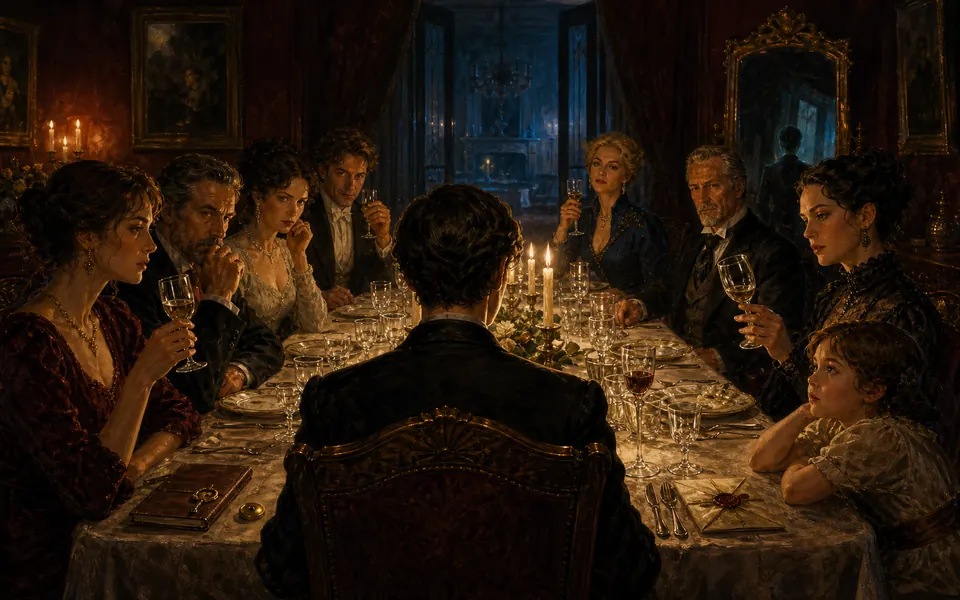 Nine guests study one another across a candlelit dinner table as a child recognizes the person in the honored chair.