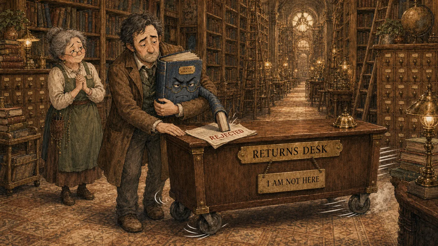Marlow Finch and a librarian stand beside a badged Book and a wheeled returns desk in an immense brass-lit library.