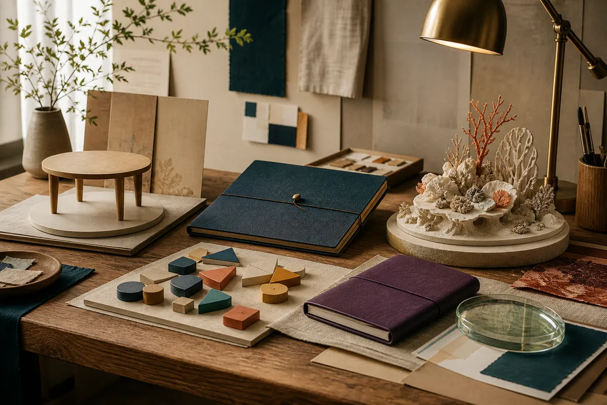 A maker’s worktable holding five distinct handcrafted studies for conversation, adventure, learning, reflection, and shared experience.