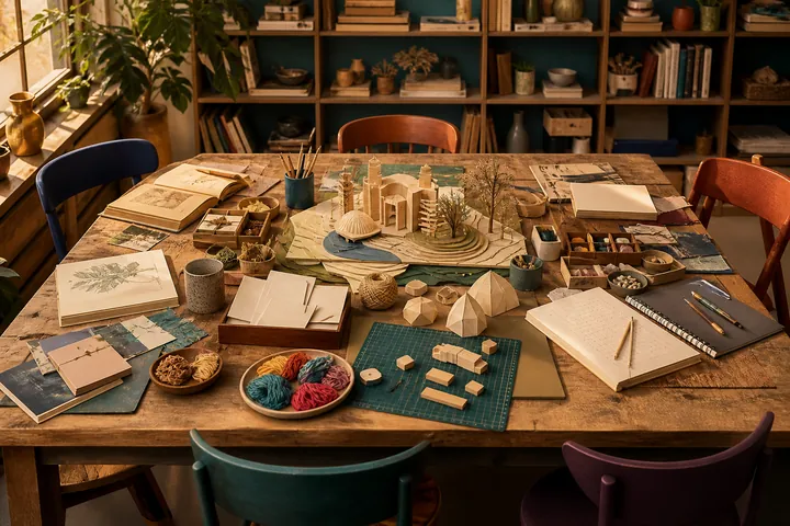 An open communal worktable prepared with different tools, materials, prototypes, and places to contribute.