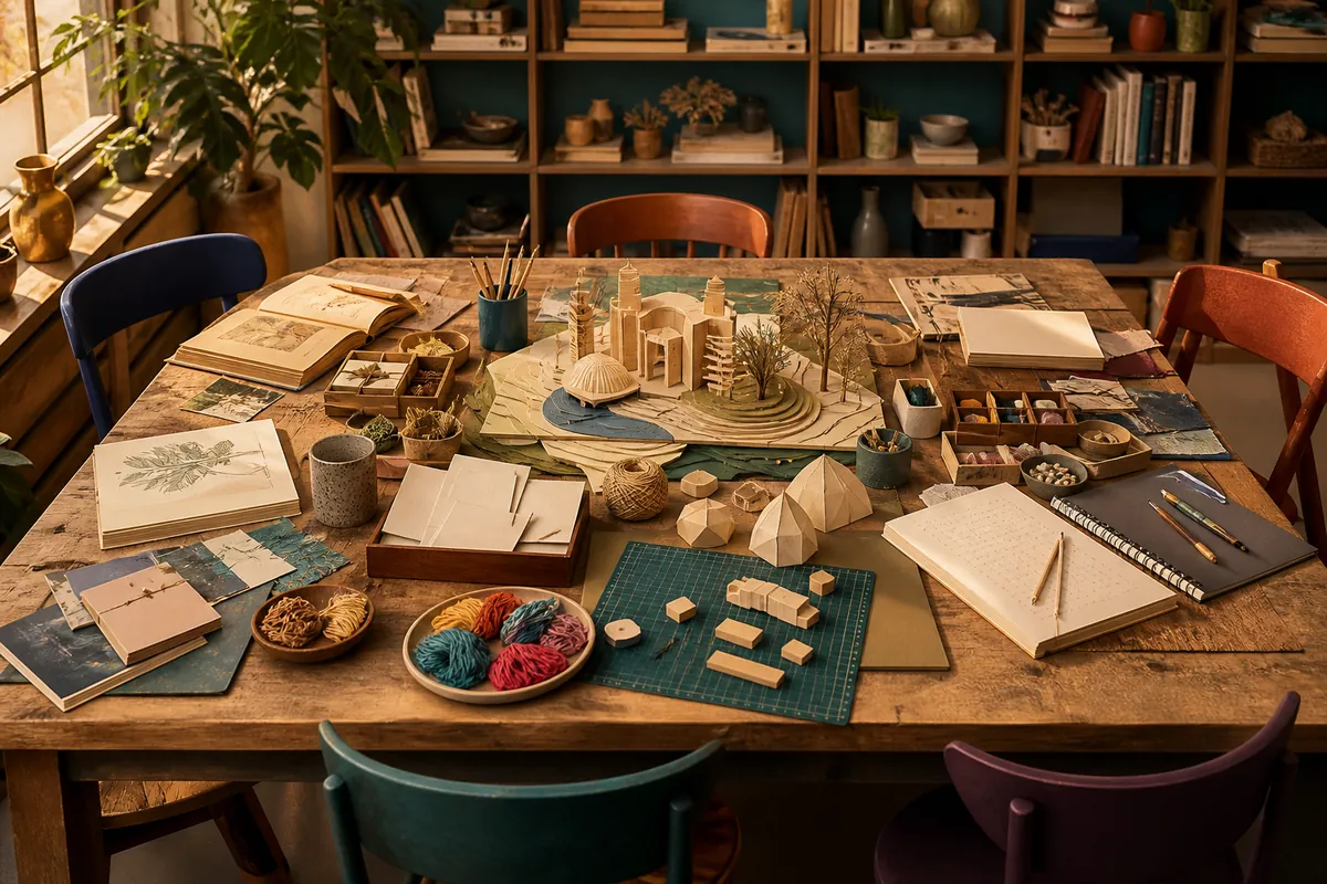 An open communal worktable prepared with different tools, materials, prototypes, and places to contribute.