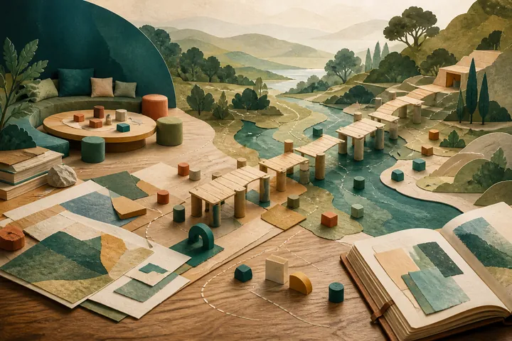 A collaborative planning landscape where movable pieces and an unfinished bridge test several routes through a real challenge.