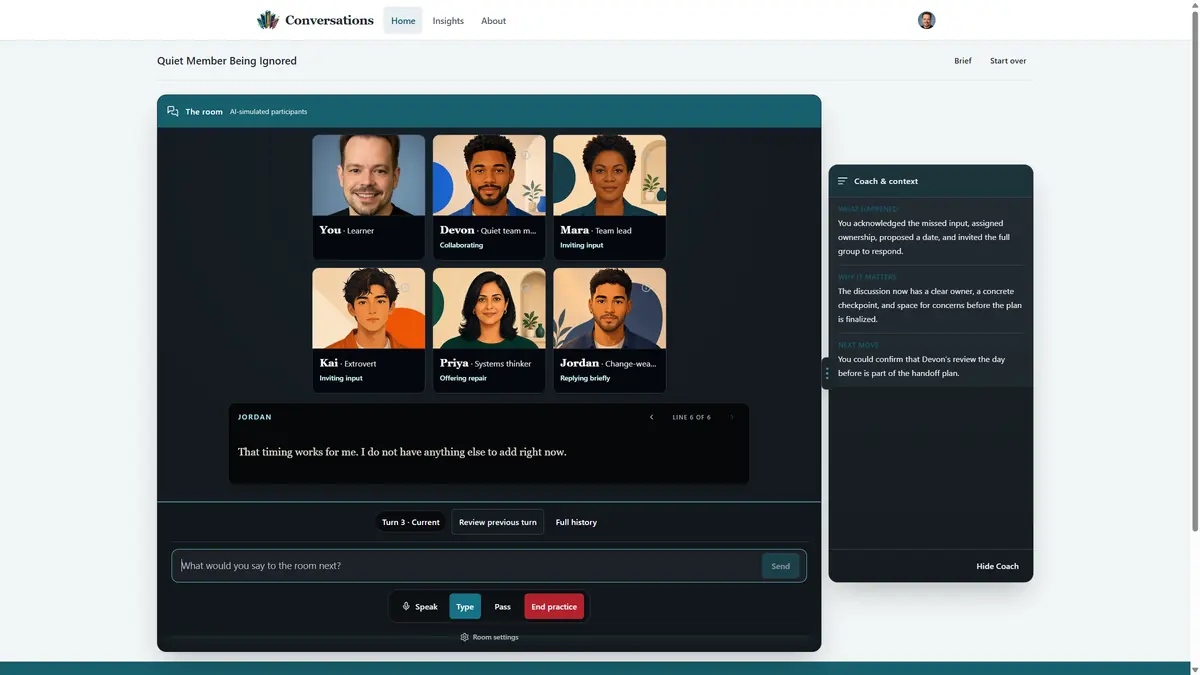 Conversations product capture: the full six-seat room in Quiet Member Being Ignored, with its Coach and context panel alongside.
