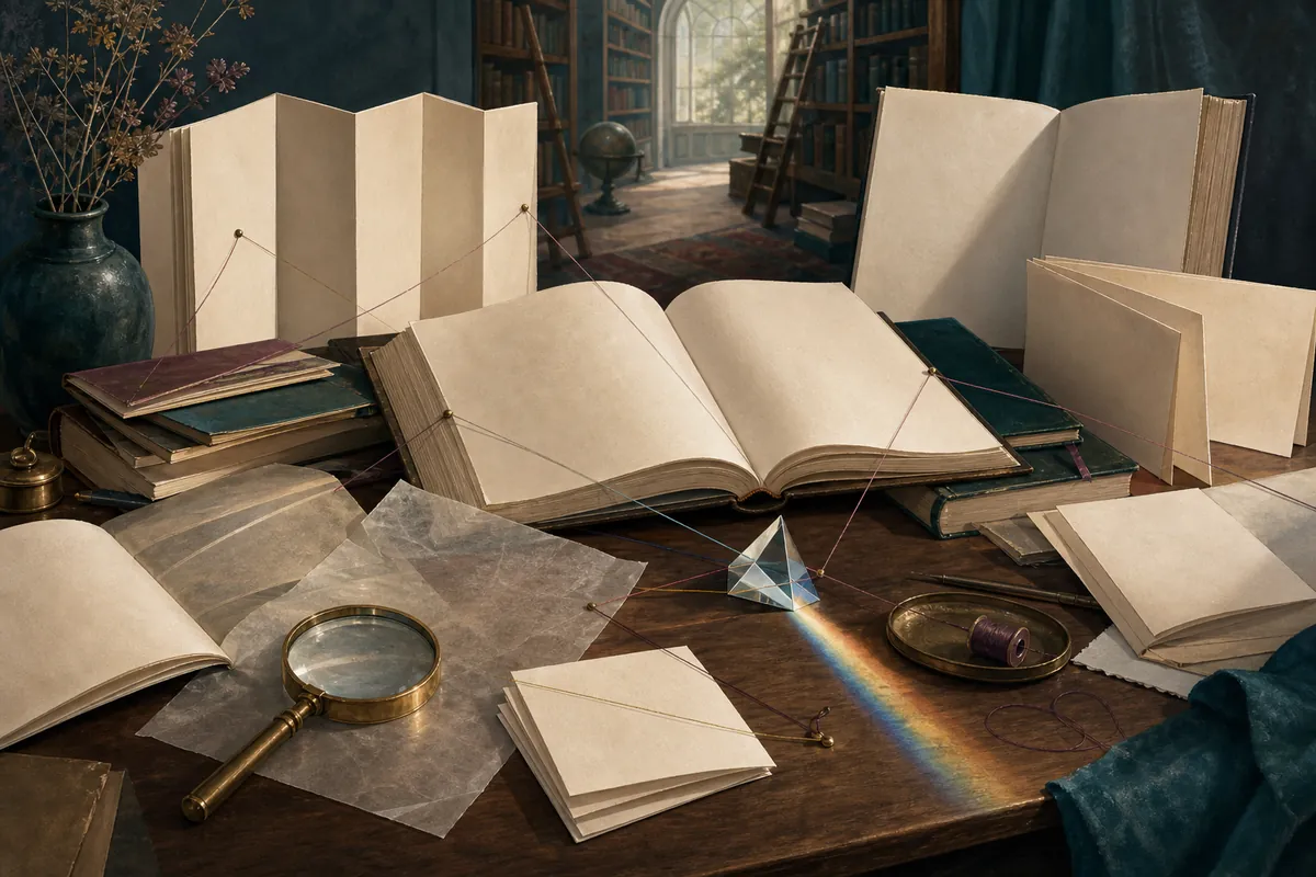 A reading table of blank essays, tracing paper, a prism, and fine threads connecting lines of inquiry.