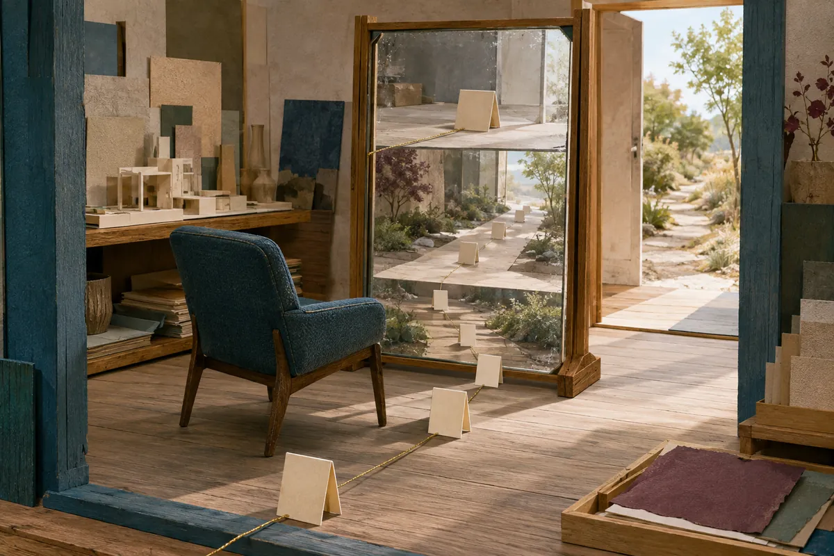 A handcrafted reflection studio uses blank evidence markers, clear layers, and an open doorway to examine a conversation without rating the learner.