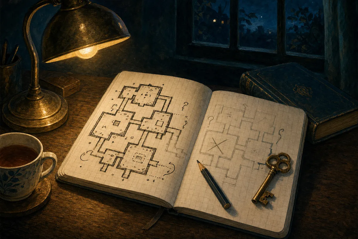 An open notebook of squared paper under a brass reading lamp at night: an inked map of rooms and passages on the left page, fainter pencil rooms and one crossed-out room on the right, a pencil, and a small brass key lying where the map ends.