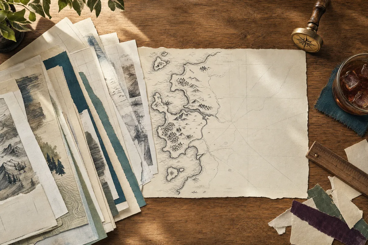 Seen from above, a sheaf of working pages fans across an oak desk beside a hand-drawn map on cream paper: inked coastline and forests on the left, faint pencil guide lines on the blank right; a brass compass stamp, a short ruler, and a glass of cold tea sit at the edges.