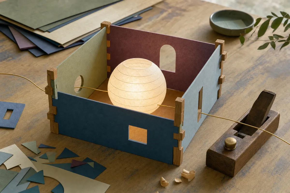 A handcrafted open-topped paper room with finger-jointed wooden corners holds a glowing blank paper lantern; a single brass thread passes only through the cut openings in its walls.