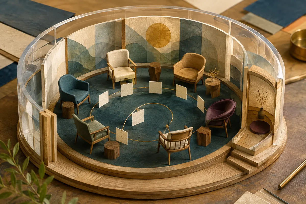 A handcrafted model of a six-seat conversation room uses a brass path and blank markers to show ordered turns and preserved history.
