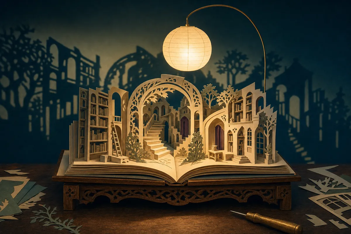 An open pop-up book on a carved wooden stand rises into cut-paper scenery of shelves, an arch, and a staircase; a blank paper lantern hung above it on a brass wire throws the scenery into long shadows across a deep-teal wall.
