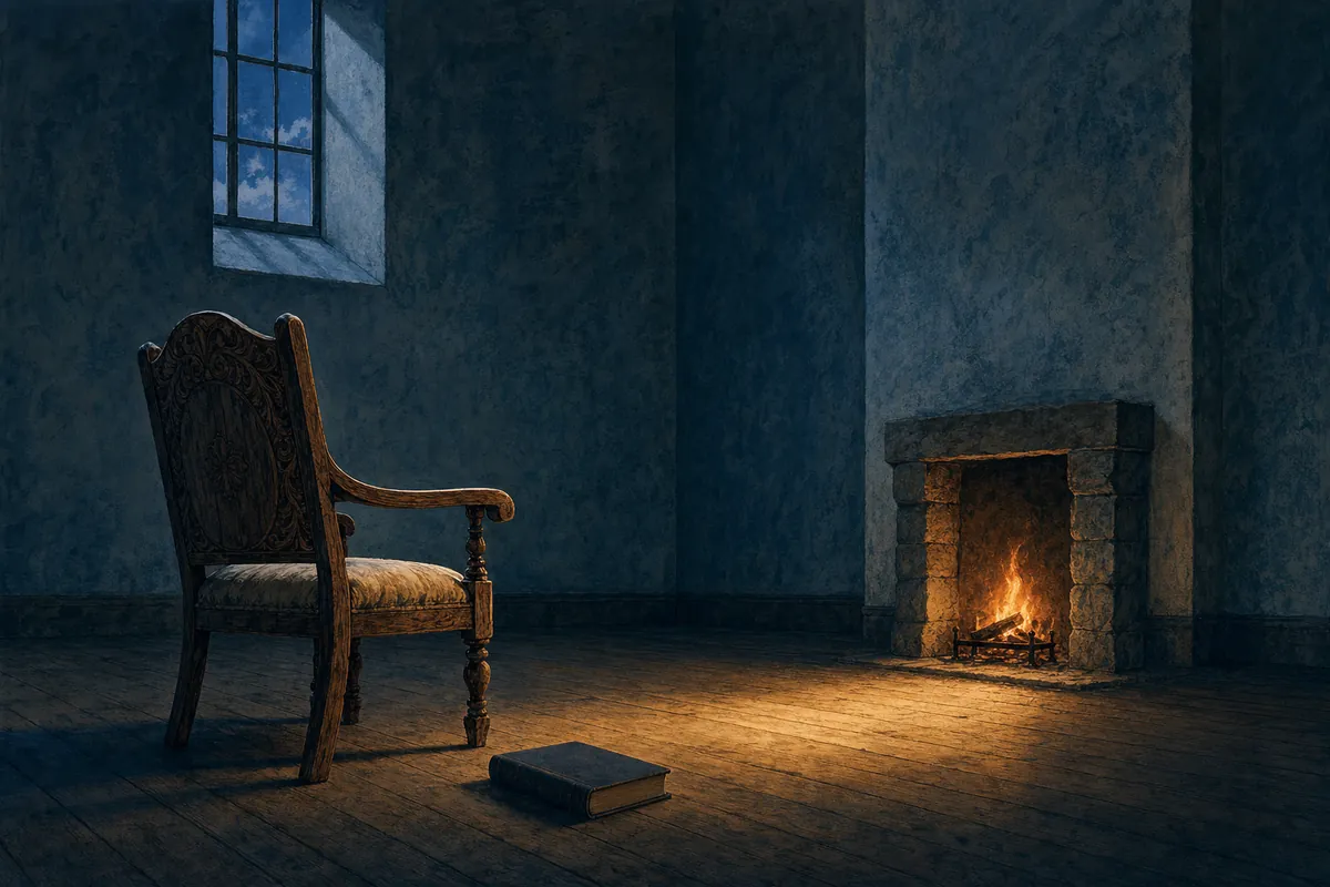 An empty carved wooden armchair with a worn cushion faces a small stone hearth in a bare blue-walled room; one closed, unmarked book lies on the floorboards in the warm light of the fire below a high window.