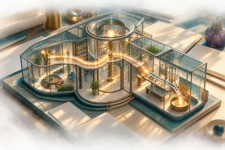 A transparent architectural model reveals its rooms, mechanisms, and a continuous path of light from one stage to the next.