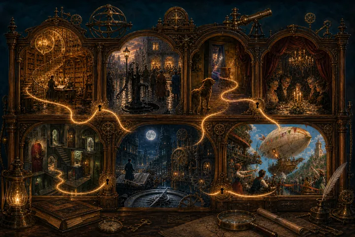 An ornate brass cabinet opens onto a living library, a parish mystery, a strange house, a candlelit dinner, impossible rooms, a moonlit archive, and an airship launch.