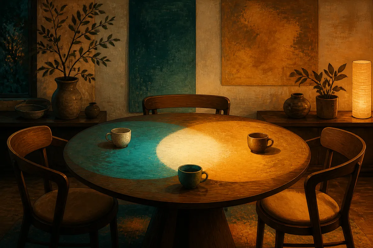 An empty round table and three chairs held in overlapping pools of warm teal and amber light.