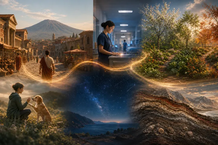 Six connected worlds span Pompeii before the eruption, a nursing night shift, a garden through the seasons, care for a dog, the changing night sky, and geological time.