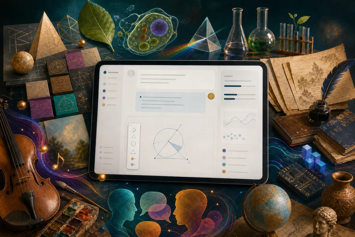 An active tutoring workspace is surrounded by materials for mathematics, science, writing, history, geography, art, music, computing, and language.