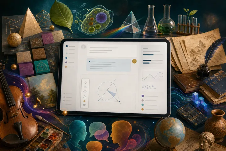 An active tutoring workspace is surrounded by materials for mathematics, science, writing, history, geography, art, music, computing, and language.