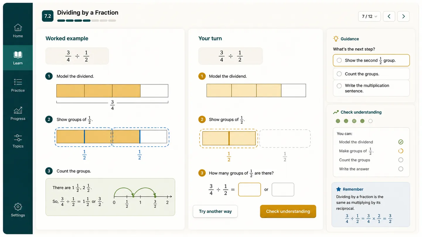 A Learn mathematics workspace moves from a visual worked example to an independent fraction attempt, with guidance and an understanding check alongside it.