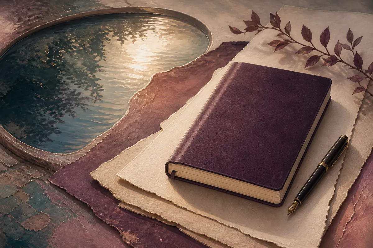 A closed plum journal, handmade papers, fountain pen, and a shallow pool reflecting trees and light.