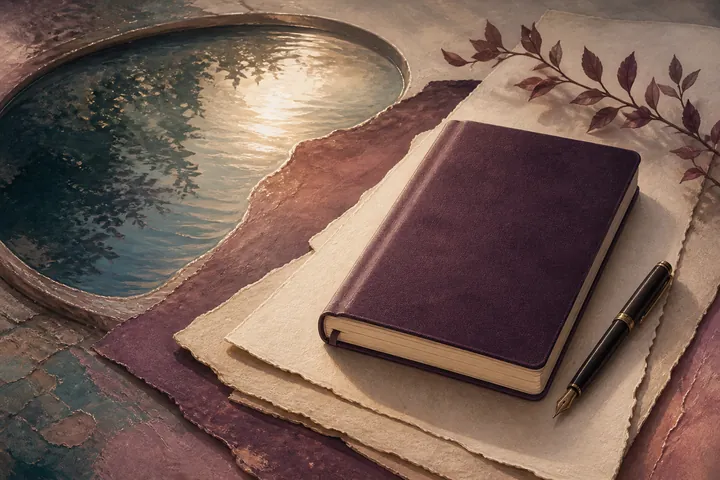 A closed plum journal, handmade papers, fountain pen, and a shallow pool reflecting trees and light.